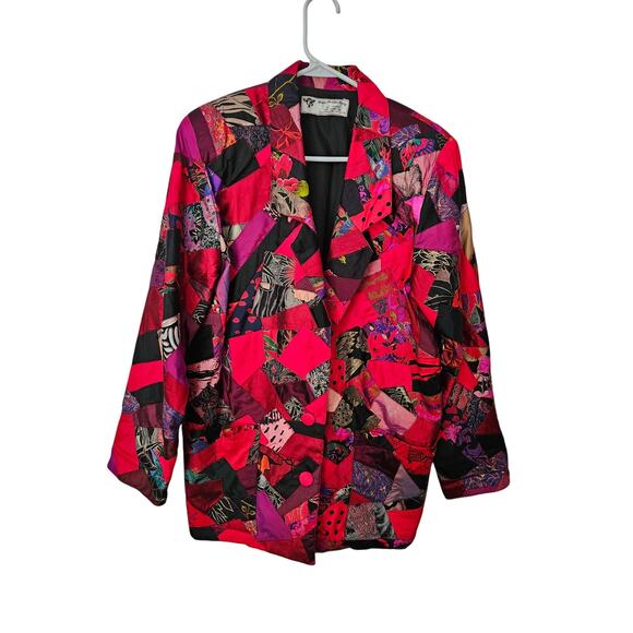 Rare Vintage Thai 100% Silk Patxhwork Jacket Blazer Size L Red Asian Artsy Boho - Picture 1 of 7